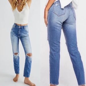 Rolla’s Miller Mid High Rise Slim Jeans Distressed Destroyed Medium Wash Blue